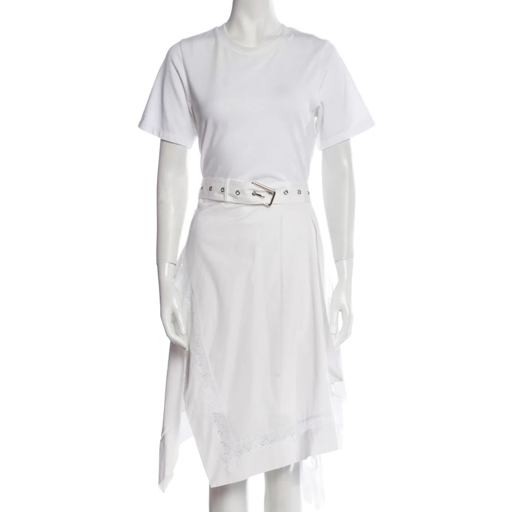 3.1 Phillip Lim White Asymmetrical Eyelet Midi Skirt with Belted Waist